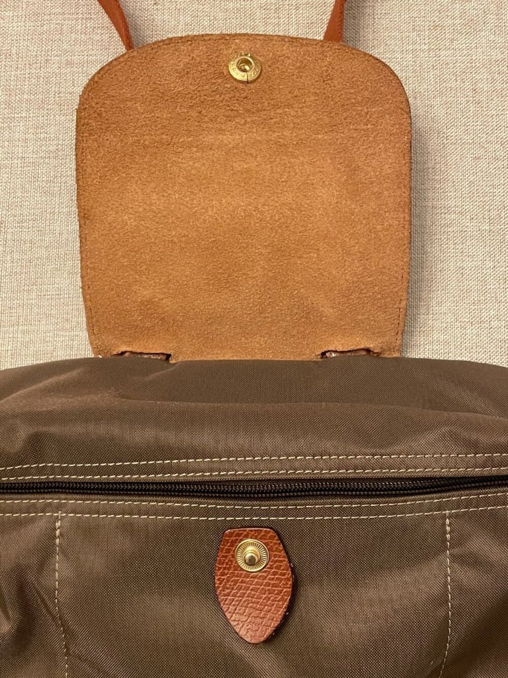 Longchamp Le Pliage Brown Original Backpack with Leather Flap and Snap - Picture 3 of 10